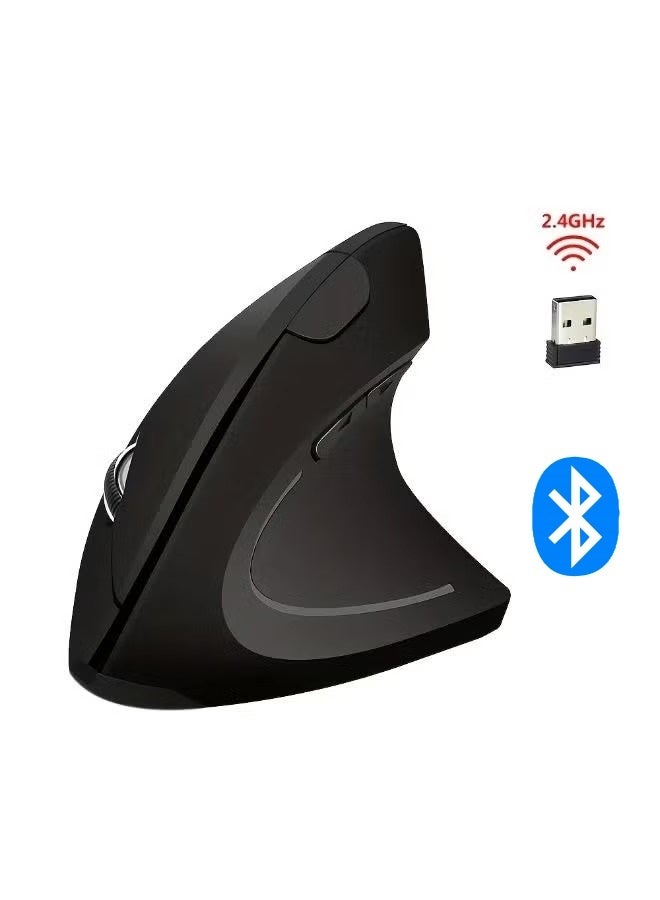 QS-7043 rechargeable Ergonomic vertical wireless mouse with USB receiver, right-handed design, comfortable wrist rest, 2.4GHz connection, rechargeable, supports simultaneous connection of two Bluetooth devices, and RGB lighting, 800/1200/ 1600 DPI 5 Buttons - Black - Image 1