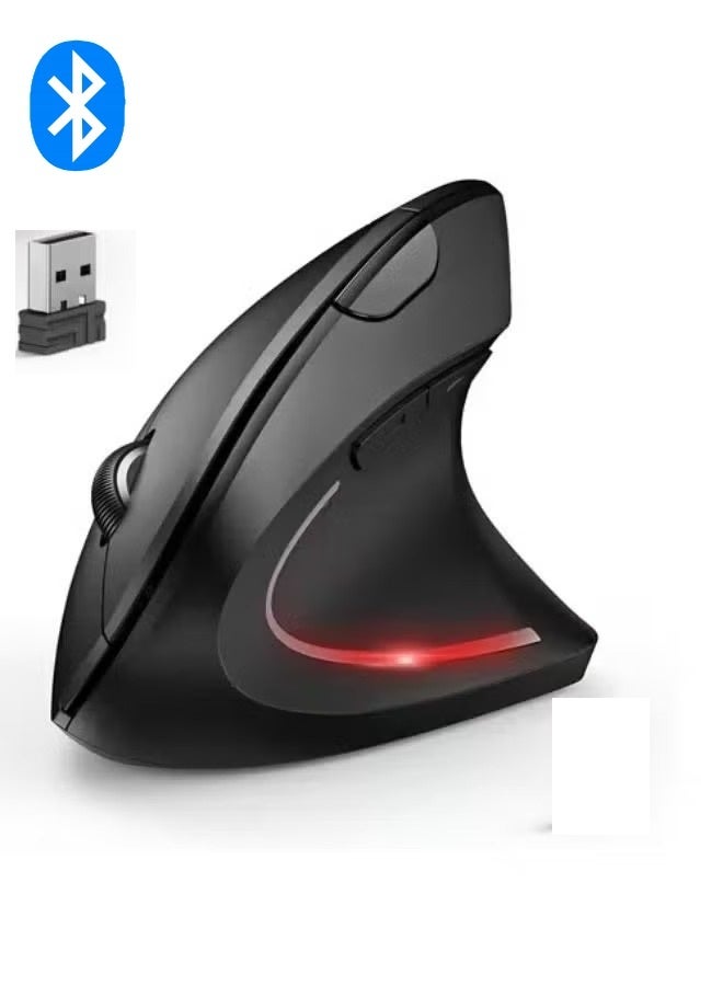 QS-7043 rechargeable Ergonomic vertical wireless mouse with USB receiver, right-handed design, comfortable wrist rest, 2.4GHz connection, rechargeable, supports simultaneous connection of two Bluetooth devices, and RGB lighting, 800/1200/ 1600 DPI 5 Buttons - Black - Image 3