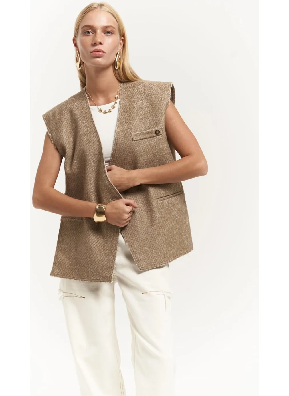 Mai Collection Faven Beige Side Slit Detail Vest