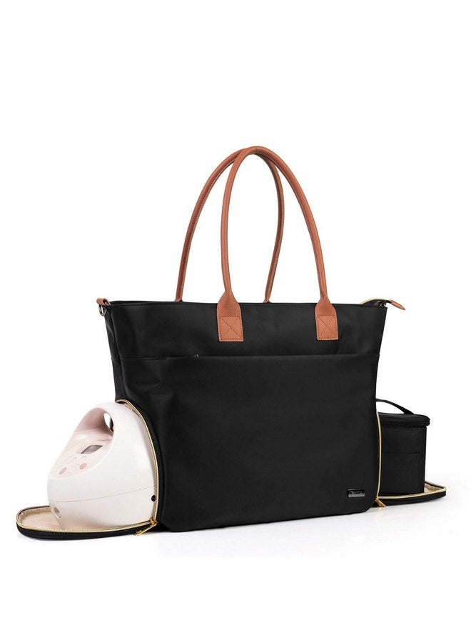 Teamoy Teamoy Breast Pump Travel Bag, Leather Handle Pumping Tote Compatible with Spectra S1,S2, Medela and Cooler Bag, Laptop Breast Pump Storage Bag for Working Moms, Black (PU Handle) - Image 1