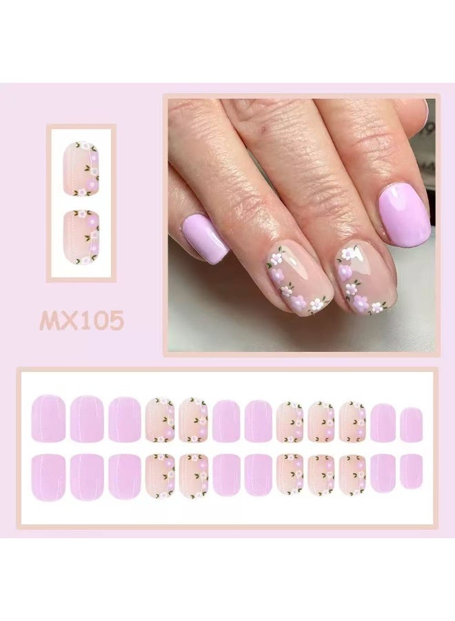 جوسكوين 24 قطعة من الأظافر الصناعية، تصميم أظافر قصيرة محدود الإصدار لعيد الحب: تصميم زهري وأرجواني بزخارف نباتية، أظافر أكريليك مع مجموعة لاصقة. - Image 2