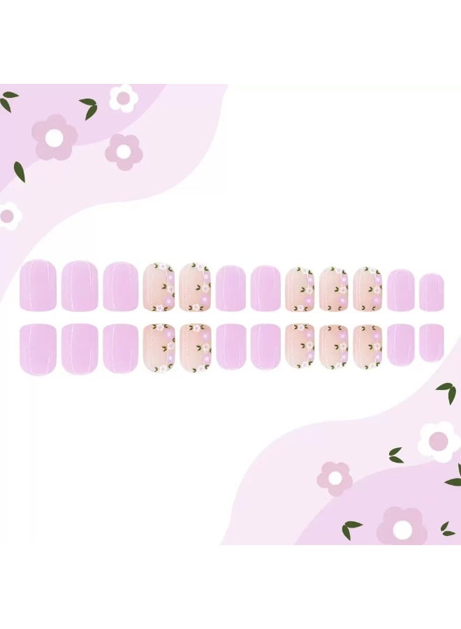 جوسكوين 24 قطعة من الأظافر الصناعية، تصميم أظافر قصيرة محدود الإصدار لعيد الحب: تصميم زهري وأرجواني بزخارف نباتية، أظافر أكريليك مع مجموعة لاصقة. - Image 5