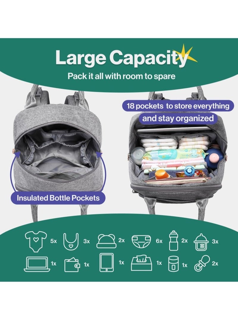 BabbleRoo Multifunctional Waterproof Diaper Bag, Essential Travel Baby Tote with Changing Pad, Baby Carrier and Pacifier Cover - Unisex, Dark Grey - Image 3
