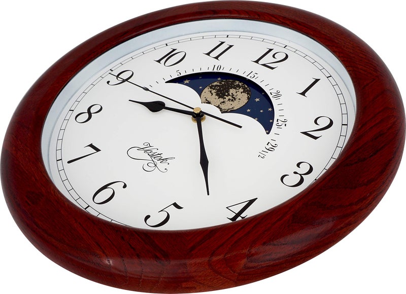 JUSTIME 14 Inch Exclusive Solid Oak Wood Non-Ticking Sweep Mechanical Specialty Moon Phase Moving Dial Wall Clock, Gift, Home Décor - Image 5