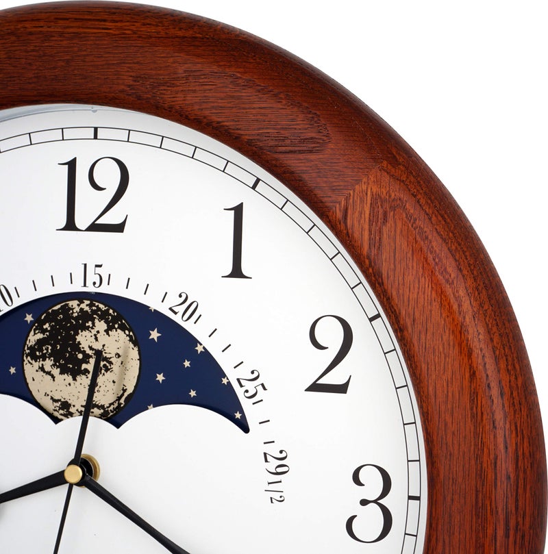 JUSTIME 14 Inch Exclusive Solid Oak Wood Non-Ticking Sweep Mechanical Specialty Moon Phase Moving Dial Wall Clock, Gift, Home Décor - Image 4