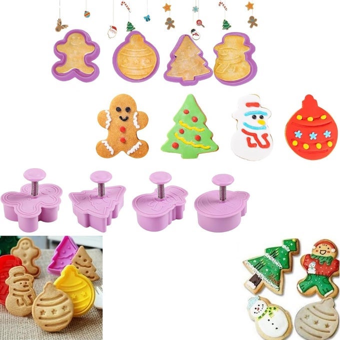 MINI 3D CHRISTMAS COOKIE CUTTERS SET CHRISTMAS FONDANT BISCUIT PASTRY COOKIE CUTTER STAMP XMAS SPRINGLOADED HANDLE CUTTER SHAPE WITH SANTA CHRISTMAS TREE BELL GINGERBREAD MAN 4 PCS