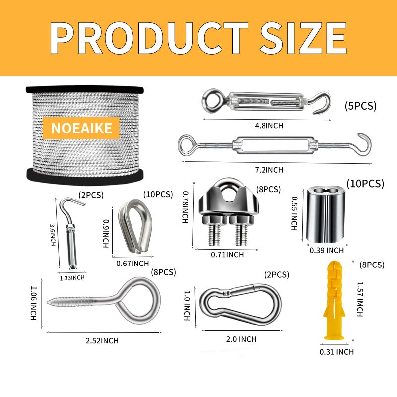 NOEAIKE Wire Rope Kit,165FT 1/8" Vinyl Coated Stainless Steel Wire,Turnbuckles for Cables,Metal Wires for Garden Outdoor String Lights Hanging,Clothes Line Cable - Image 2
