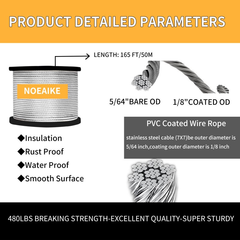 NOEAIKE Wire Rope Kit,165FT 1/8" Vinyl Coated Stainless Steel Wire,Turnbuckles for Cables,Metal Wires for Garden Outdoor String Lights Hanging,Clothes Line Cable - Image 3
