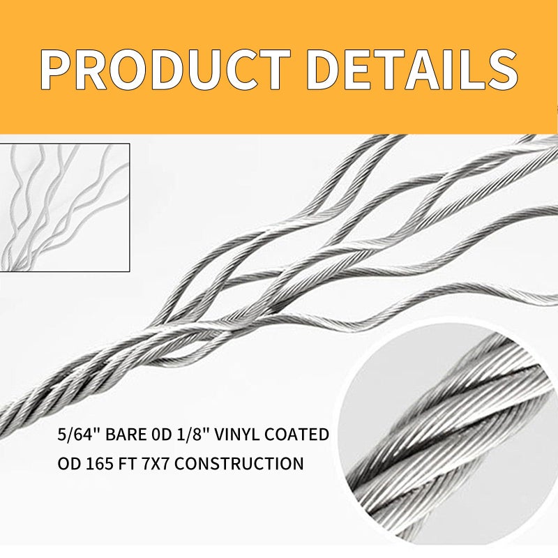 NOEAIKE Wire Rope Kit,165FT 1/8" Vinyl Coated Stainless Steel Wire,Turnbuckles for Cables,Metal Wires for Garden Outdoor String Lights Hanging,Clothes Line Cable - Image 5