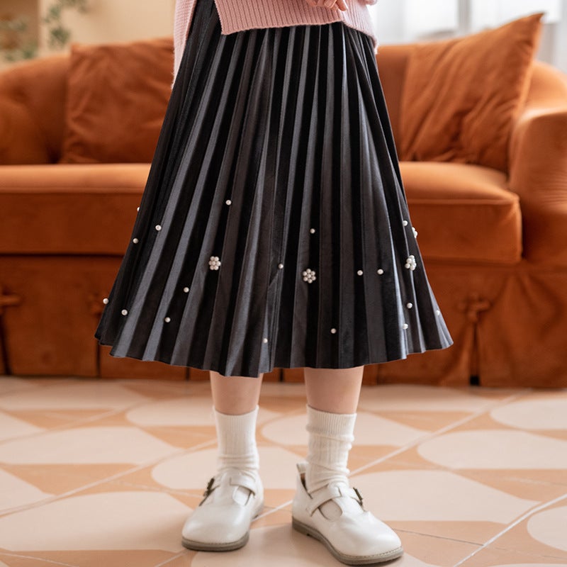 Girls Velvet Pleated A-Line Skirt Autumn 20056 dark gray 