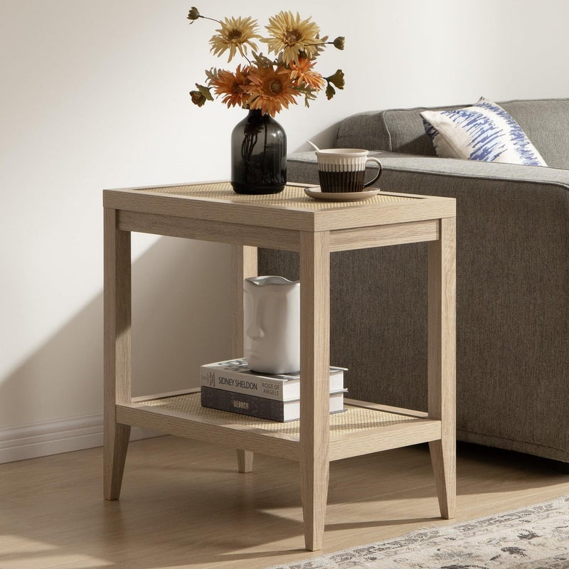 SICOTAS Rattan Nightstand Bedside Table Farmhouse Boho Narrow Accent End Table with 2 Open Rattan Shelves for Bedroom Living Room Small Spaces Light Oak