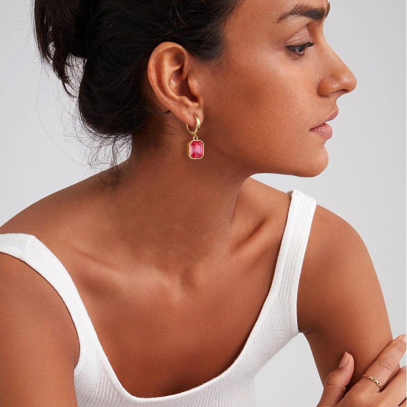 Lourny Birthstone Crystal Dangle Drop Earrings, 18K Gold Plated Huggie Hoop Hypoallergenic Earring Jewelry Gifts for Women (Hot Pink) - Image 3