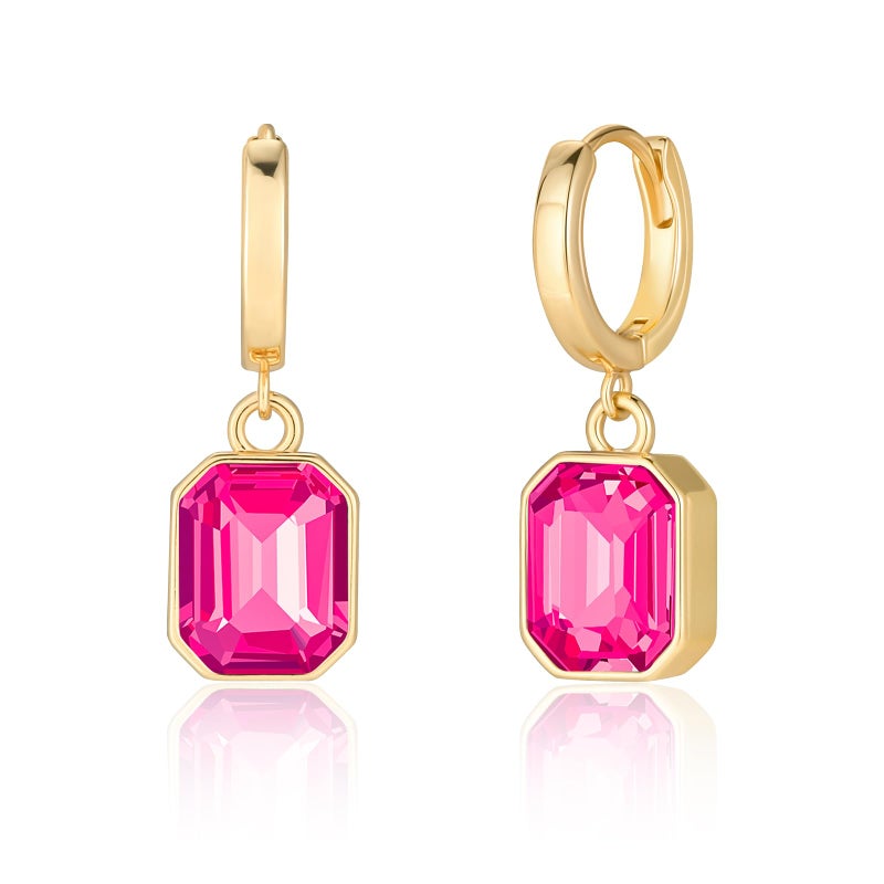 Lourny Birthstone Crystal Dangle Drop Earrings, 18K Gold Plated Huggie Hoop Hypoallergenic Earring Jewelry Gifts for Women (Hot Pink) - Image 1