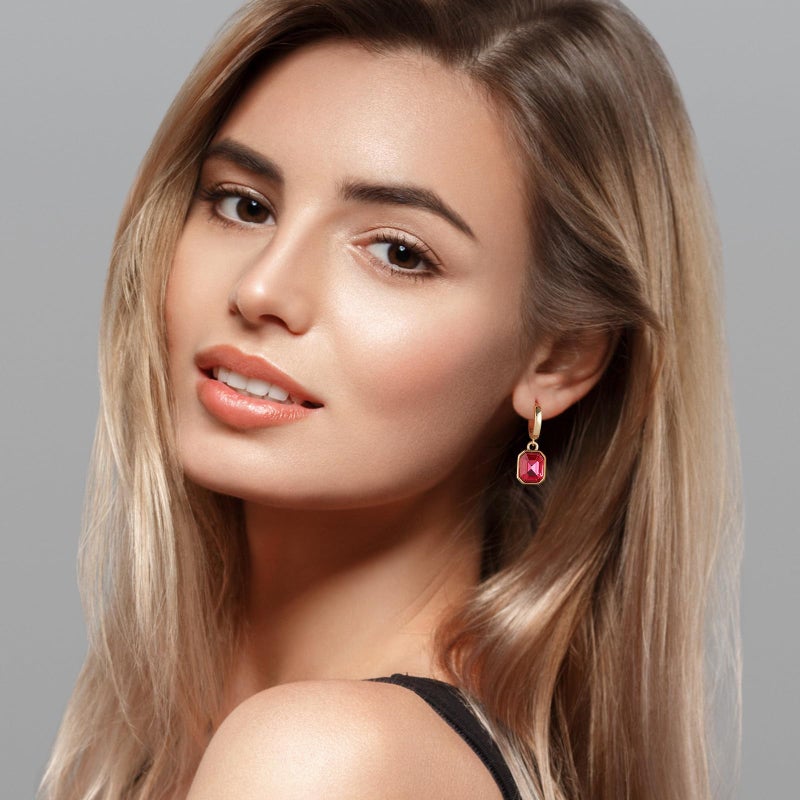 Lourny Birthstone Crystal Dangle Drop Earrings, 18K Gold Plated Huggie Hoop Hypoallergenic Earring Jewelry Gifts for Women (Hot Pink) - Image 5