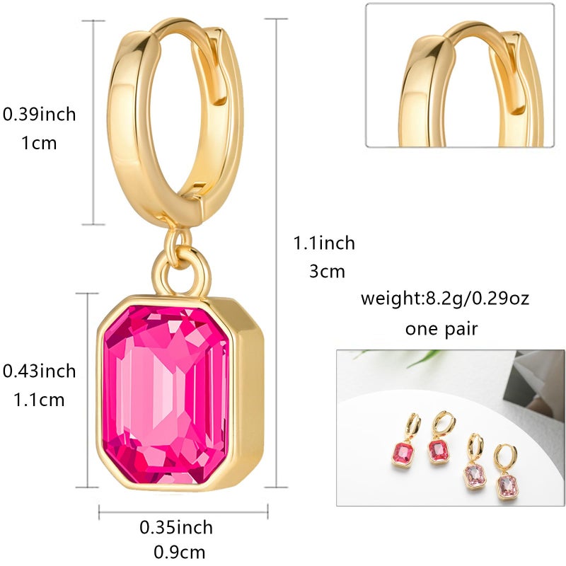 Lourny Birthstone Crystal Dangle Drop Earrings, 18K Gold Plated Huggie Hoop Hypoallergenic Earring Jewelry Gifts for Women (Hot Pink) - Image 2
