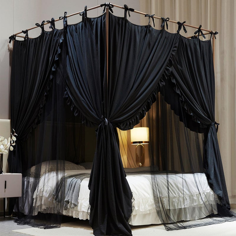 AIOOO 4 Corners Post Princess Curtain Bed Canopy Double Layer Cozy Mosquito Net Mesh and Cloth for Girls Adults Bedroom Decoration (Double-Black/Black, 59" W*82" L*82"*H/(Queen)) - Image 1