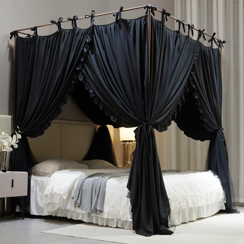 AIOOO 4 Corners Post Princess Curtain Bed Canopy Double Layer Cozy Mosquito Net Mesh and Cloth for Girls Adults Bedroom Decoration (Double-Black/Black, 59" W*82" L*82"*H/(Queen)) - Image 2