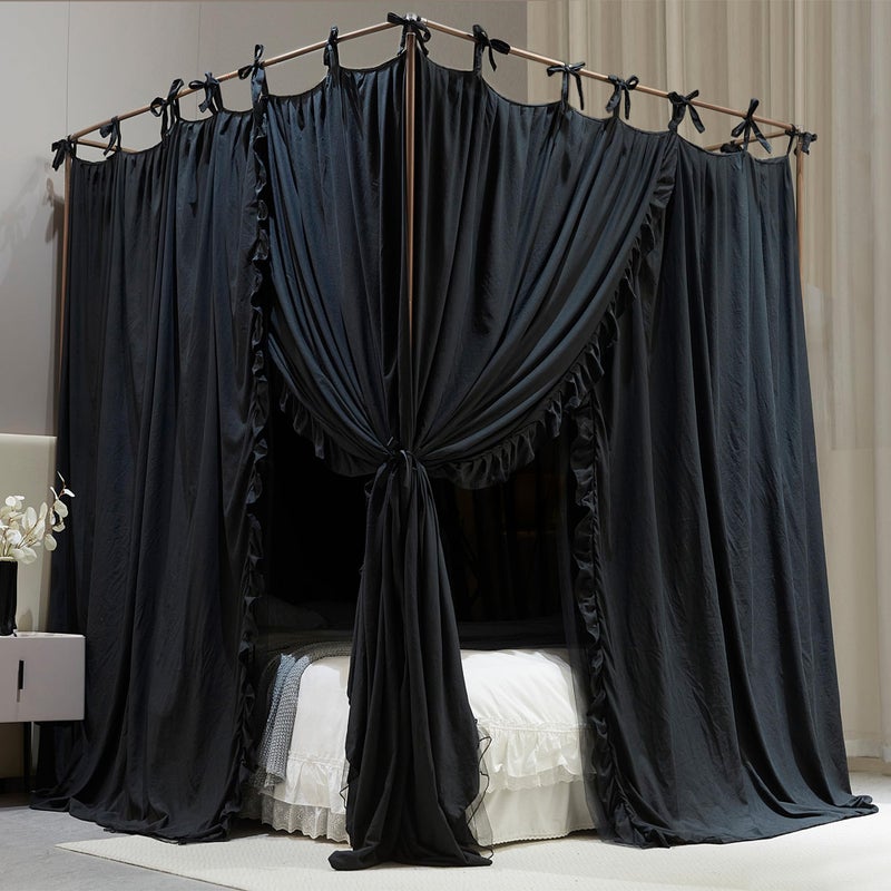 AIOOO 4 Corners Post Princess Curtain Bed Canopy Double Layer Cozy Mosquito Net Mesh and Cloth for Girls Adults Bedroom Decoration (Double-Black/Black, 59" W*82" L*82"*H/(Queen)) - Image 4