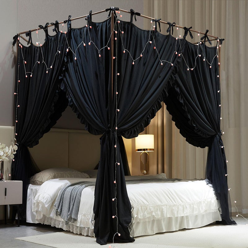 AIOOO 4 Corners Post Princess Curtain Bed Canopy Double Layer Cozy Mosquito Net Mesh and Cloth for Girls Adults Bedroom Decoration (Double-Black/Black, 59" W*82" L*82"*H/(Queen)) - Image 3