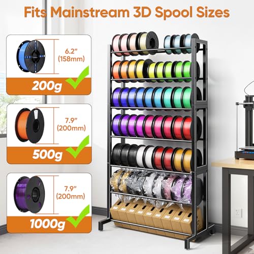POKIPO 3D Printer Filament Storage Rack 7-Tier, Heavy Duty Large Capacity Filament Organizer Holds up to 63 Spools, Multi-Layer 3D Printing Rolls Shelf for Home, Office Workshop, School (Shelf Only) - Image 3