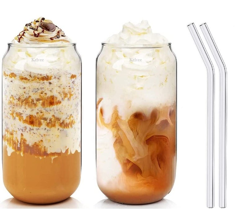 Cloudsell Glass Drinking Glasses with Glass Straw 400ml Beer Glasses Can Shaped Glass Cups Tumbler for Cold Coffee Smoothies Juice Soda Pack of 2 - Image 2
