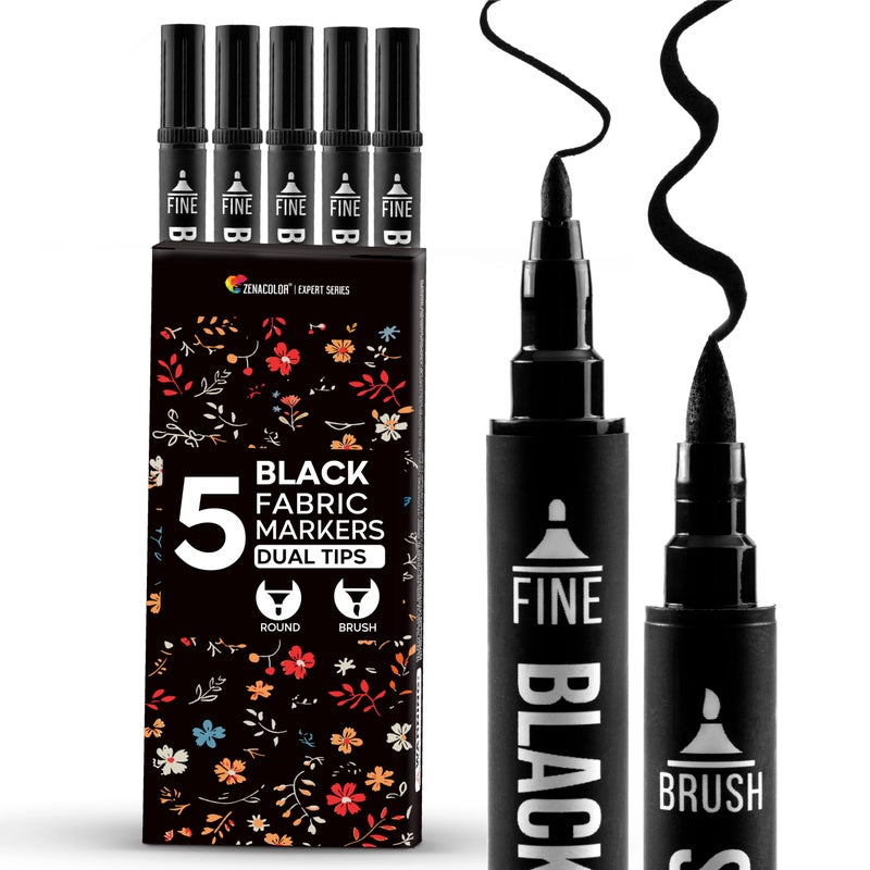 Zenacolor 5 DualTip Black Fabric Markers Permanent for Clothes Fabric Paint Pens for Personalizing Shirts Bags Hats Canvas and Textiles