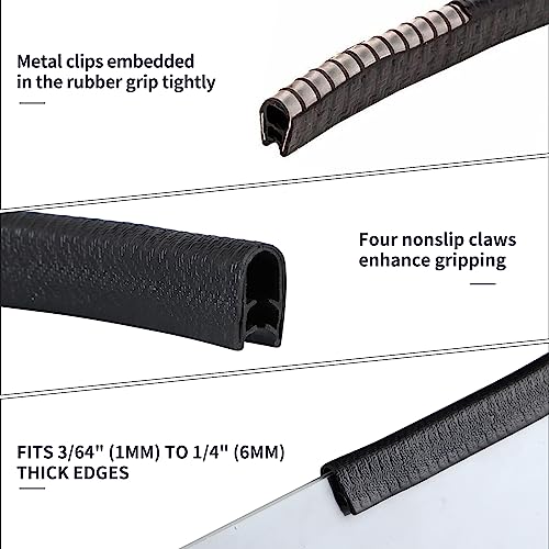 Sanbege Rubber Edge Trim Guard 10ft/3m, Adhesive Free Door Edge Protector, U Shape Edge Seal Strip with Embedded Metal Clips Fits 3/64" to 1/4" Thick Edges (Black) - Image 3