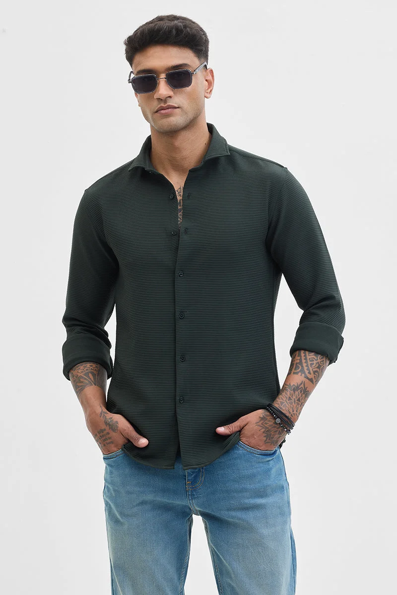 سنيتش Dark Green Ribbed Long Sleeve Slim Fit Casual Shirt