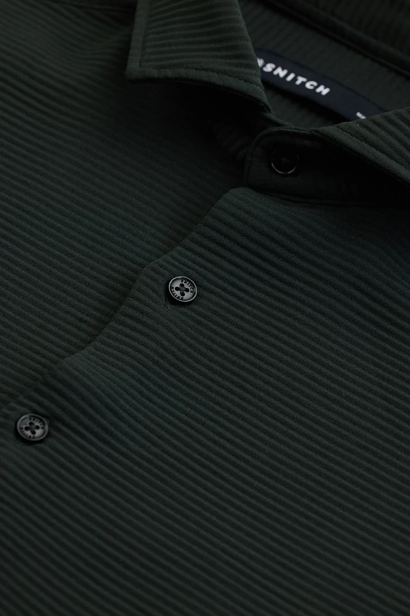 سنيتش Dark Green Ribbed Long Sleeve Slim Fit Casual Shirt