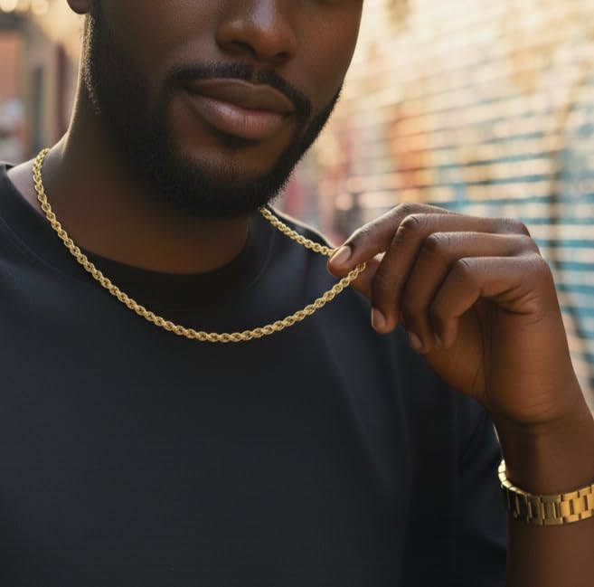 Fiusem 18K Gold Plated Necklace for Men, 2mm Mens Chain Necklace, 18K Gold Plated Stainless Steel Rope Chain 28 Inch - Image 3