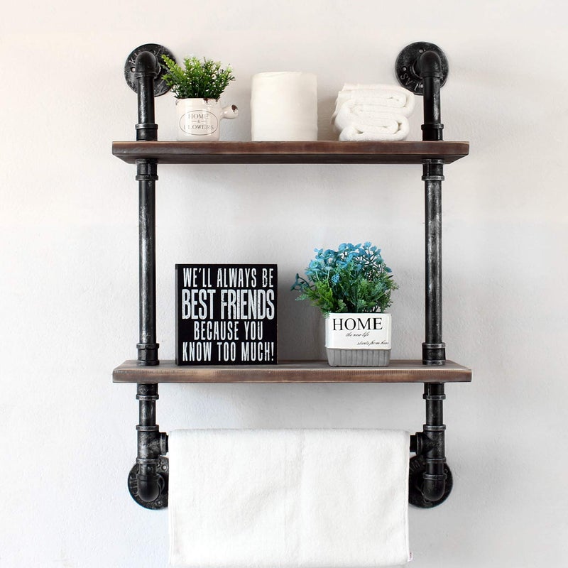 MBQQ Industrial Pipe Shelf Bathroom Shelves Wall Mounted,19.6in Rustic Wood Shelf with Towel Bar,2 Tier Farmhouse Towel Rack Over Toilet,Pipe Shelving Floating Shelves Towel Holder,Retro Grey - Image 2