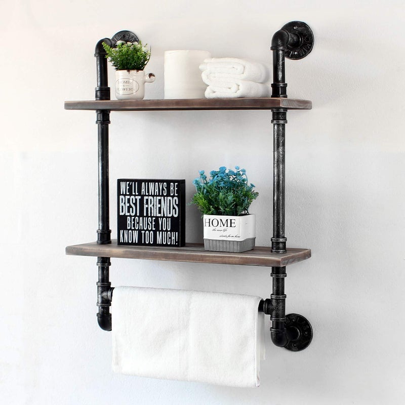 MBQQ Industrial Pipe Shelf Bathroom Shelves Wall Mounted,19.6in Rustic Wood Shelf with Towel Bar,2 Tier Farmhouse Towel Rack Over Toilet,Pipe Shelving Floating Shelves Towel Holder,Retro Grey - Image 3