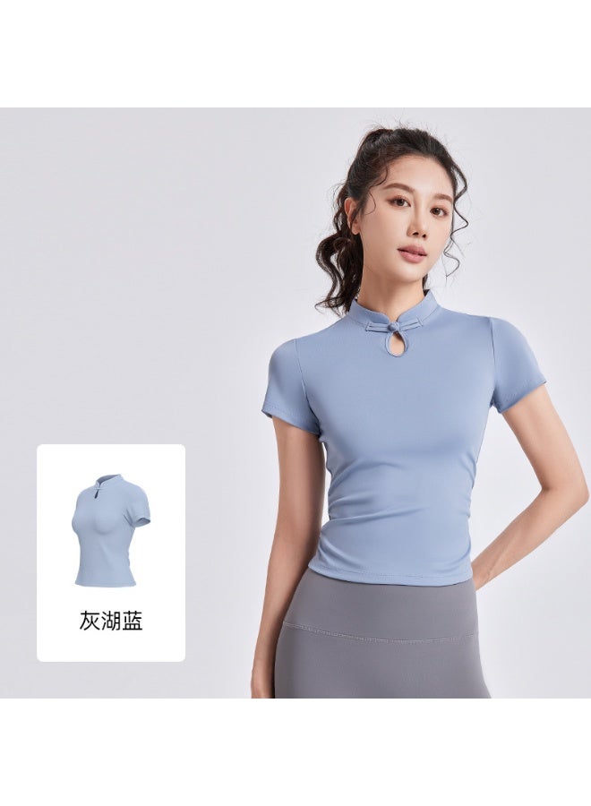 Summer  Chinese Style Knot Button Stand Collar Women Short Sleeve T-shirt Elastic Breathable Sports Fitness Workout Tops - Image 1