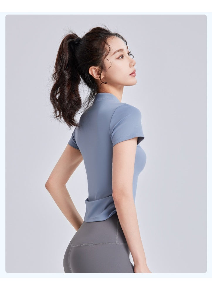 Summer  Chinese Style Knot Button Stand Collar Women Short Sleeve T-shirt Elastic Breathable Sports Fitness Workout Tops - Image 3