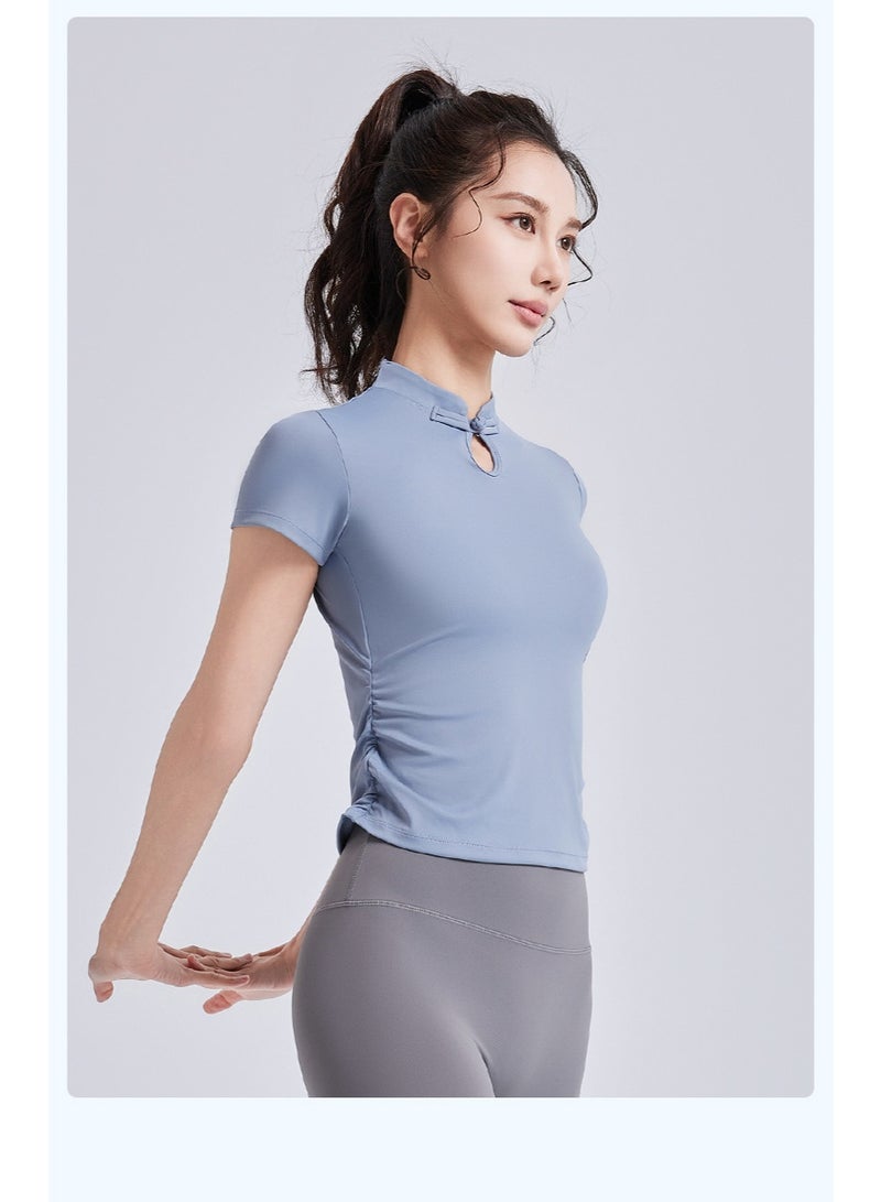 Summer  Chinese Style Knot Button Stand Collar Women Short Sleeve T-shirt Elastic Breathable Sports Fitness Workout Tops - Image 2