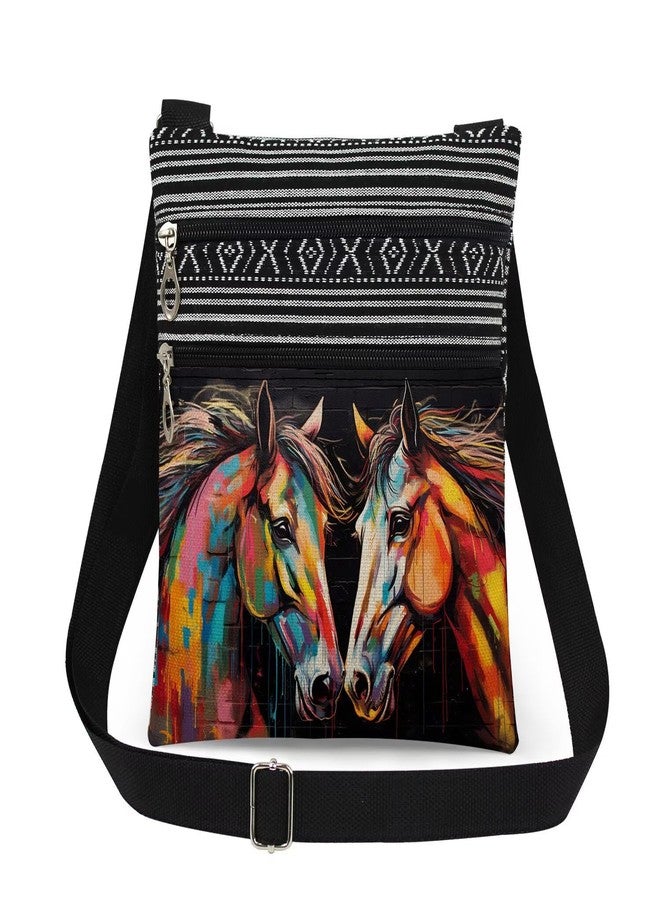 XiaoGalaee Color Horses Art Print Crossbody Bag Duo Horse Design on Black Brick Background Adjustable Unisex Shoulder Purse Birthday Gift for Horse Lovers Christmas Men Shoulder Bag - Image 1
