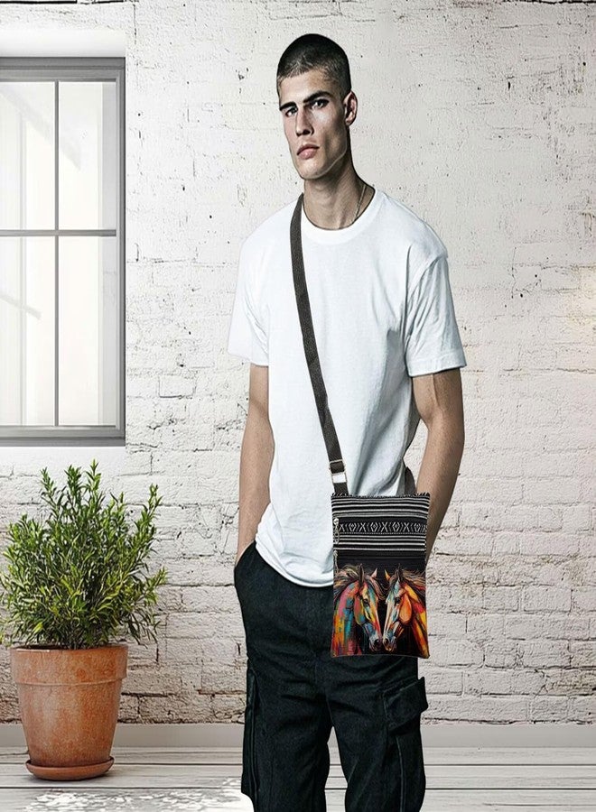 XiaoGalaee Color Horses Art Print Crossbody Bag Duo Horse Design on Black Brick Background Adjustable Unisex Shoulder Purse Birthday Gift for Horse Lovers Christmas Men Shoulder Bag - Image 5