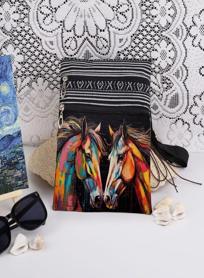 XiaoGalaee Color Horses Art Print Crossbody Bag Duo Horse Design on Black Brick Background Adjustable Unisex Shoulder Purse Birthday Gift for Horse Lovers Christmas Men Shoulder Bag - Image 3