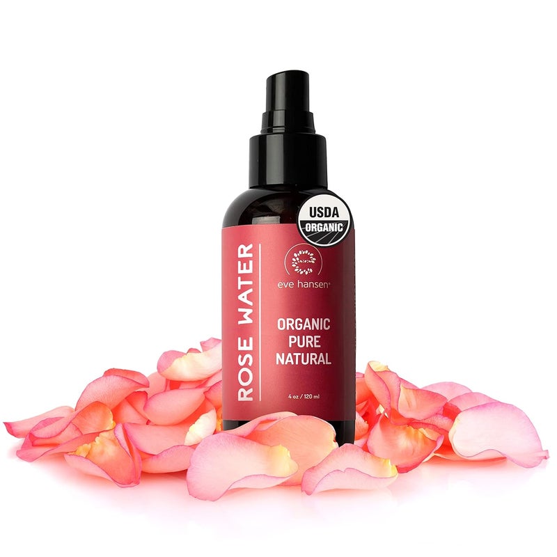 Eve Hansen Organic Rose Water Spray for Face  4 oz Moroccan Rosewater Face Toner and Makeup Setting Spray  Soothing Neck Face and Hair Mist to Refresh Day and Night  CrueltyFree Alcohol Free