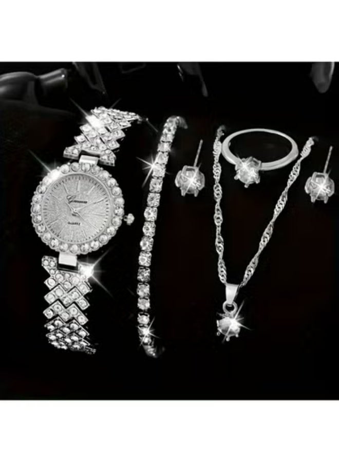 Geneva Shining Ladies Watches Gifts Set with Diamond Decorated Bracelet Necklace Ring Earrings Luxury Fashion Quartz Wrist Womens Watch 5Pcs Set - Image 1