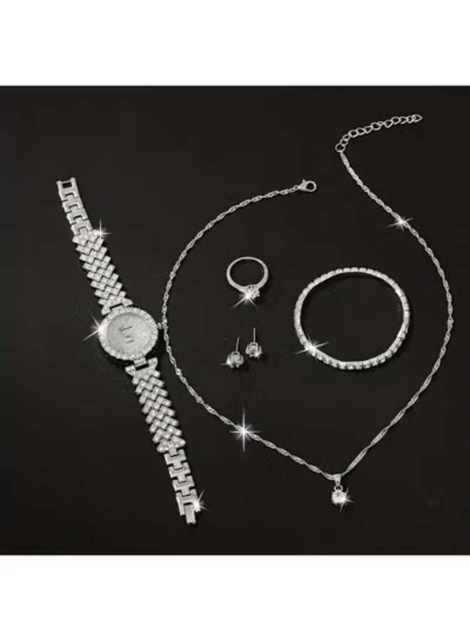 Geneva Shining Ladies Watches Gifts Set with Diamond Decorated Bracelet Necklace Ring Earrings Luxury Fashion Quartz Wrist Womens Watch 5Pcs Set - Image 2