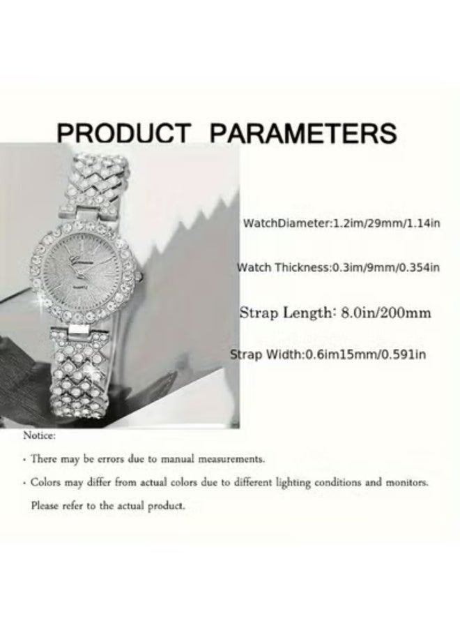 Geneva Shining Ladies Watches Gifts Set with Diamond Decorated Bracelet Necklace Ring Earrings Luxury Fashion Quartz Wrist Womens Watch 5Pcs Set - Image 4