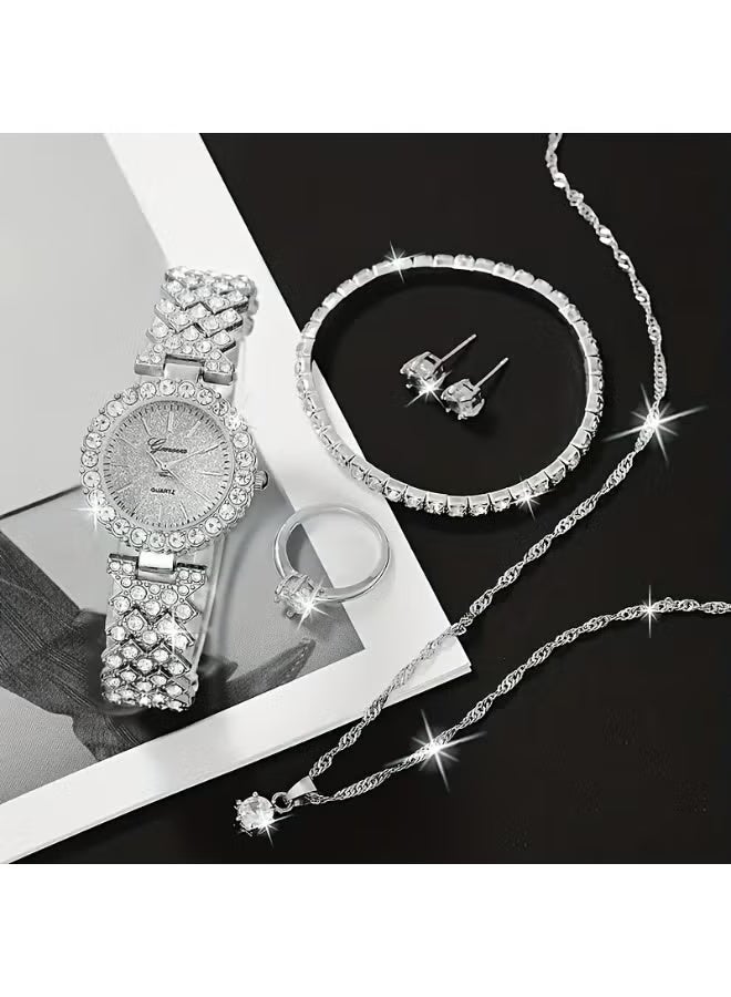 Geneva Shining Ladies Watches Gifts Set with Diamond Decorated Bracelet Necklace Ring Earrings Luxury Fashion Quartz Wrist Womens Watch 5Pcs Set - Image 5