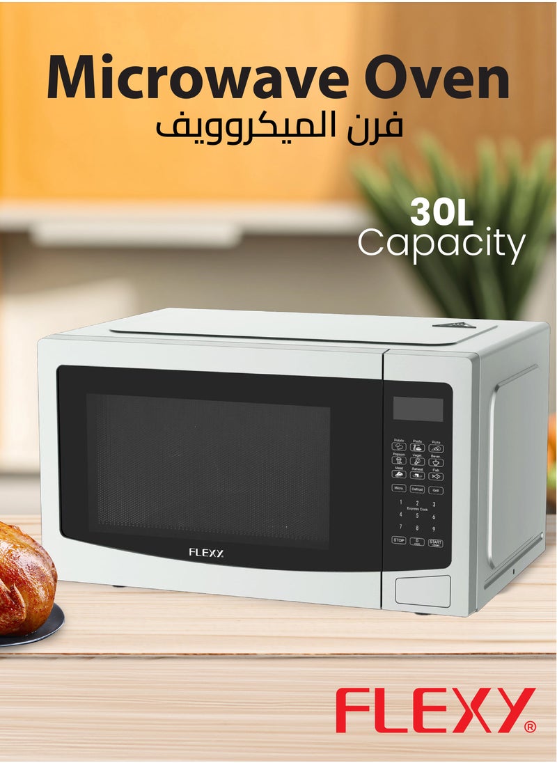 فليكسي فرن ميكروويف مرن سعة 30 لترًا، 900 وات، وظيفة الشواية، 220 فولت، 10 مستويات طاقة، 8 قوائم تلقائية، مؤقت 99 دقيقة، قرص دوار 315 مم، فضي، التحكم في الغشاء، ضمان لمدة عامين.  - Image 2