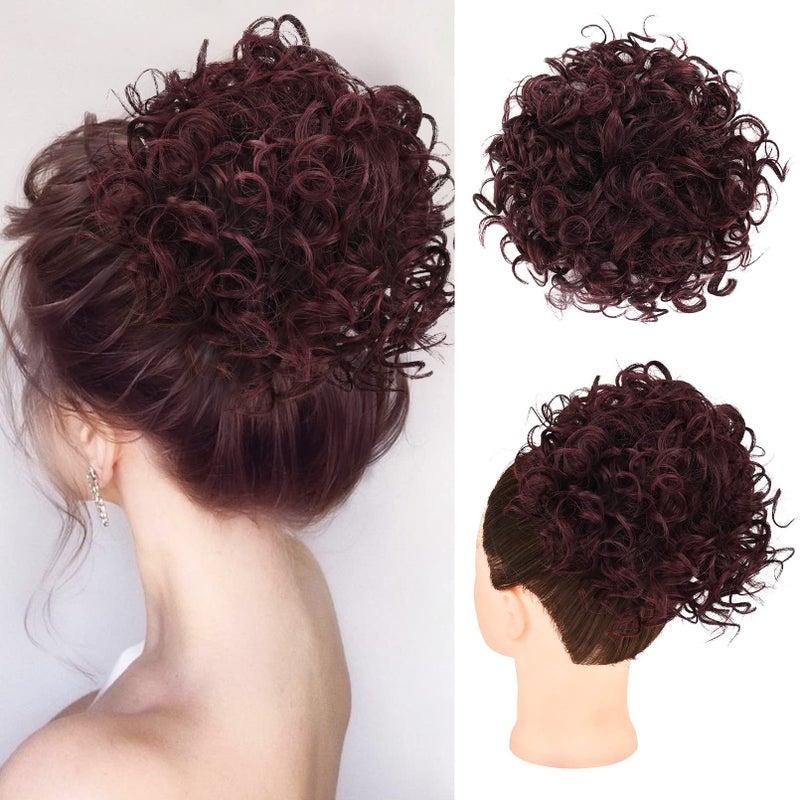 HOOJIH Curly Hair Bun Messy Bun Hair Piece Elastic Drawstring Messy Bun Large Full Hair Bun Extension Hairpiece Short Synthetic Ponytail Extension for Women Dark Auburn Red with Black Mixed