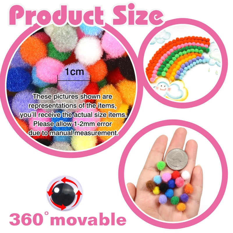 TOAOB THE ONE AND ONLY BABY TOAOB 1900pcs Pompoms for Crafts Small Size Pom Poms Balls Approximately 1cm Multi Color Fuzzy Art Supplies with Wiggle Eyes for DIY Crafts Decorations - Image 2