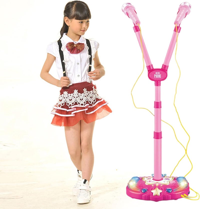 klarako Kids Karaoke Machine with Double Microphones Adjustable Stand Music Play Set Karaoke Players Toys Girl Gift Portable Microphone Musical Toys  Pink - Image 2