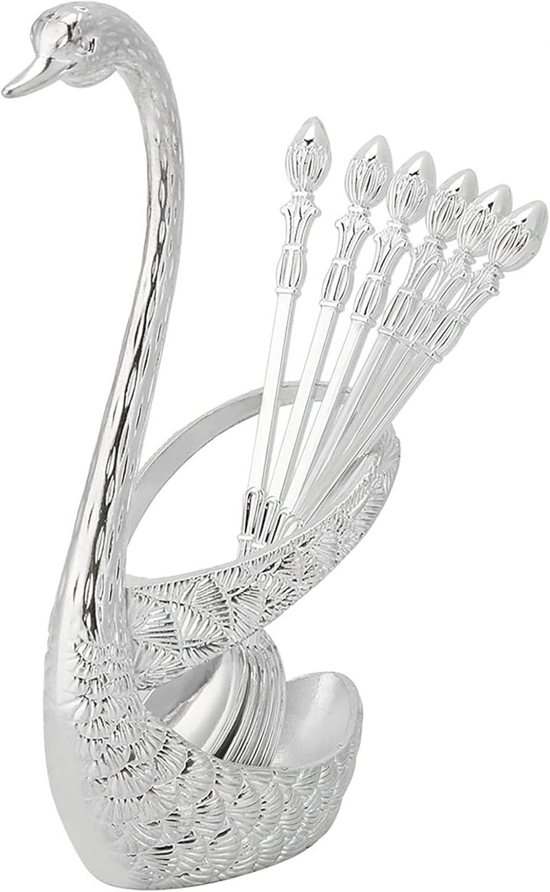 Stainless Steel Spoon Set With Swan Holder Polished Cutlery Kitchen Dining Organizer Silver - Image 1