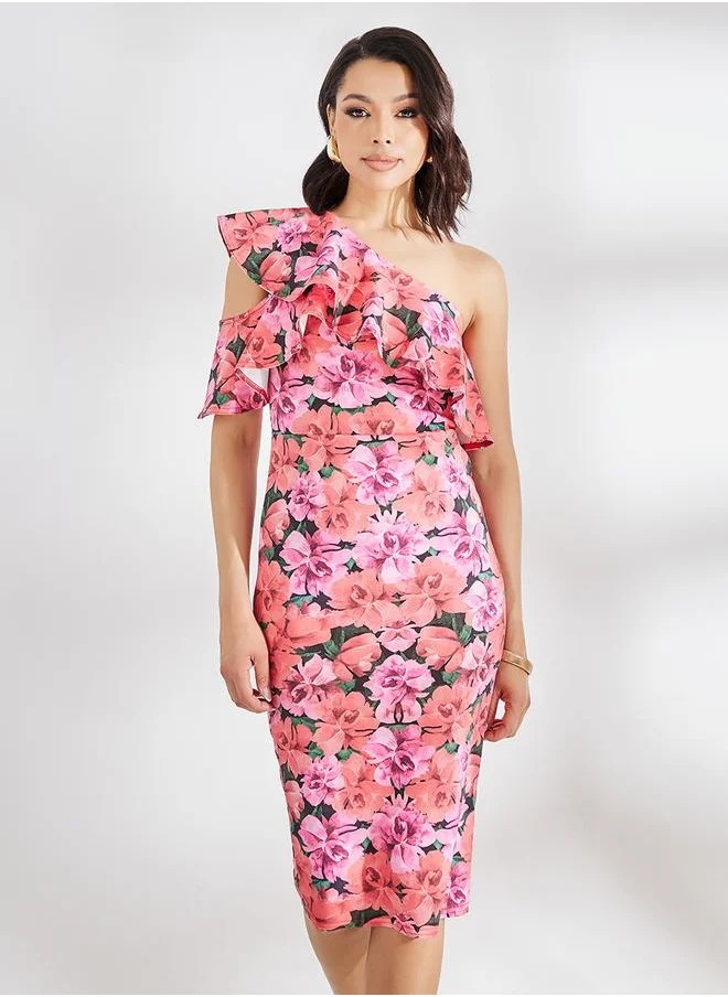 Styli Ruffled One Shoulder Floral Bodycon Dress