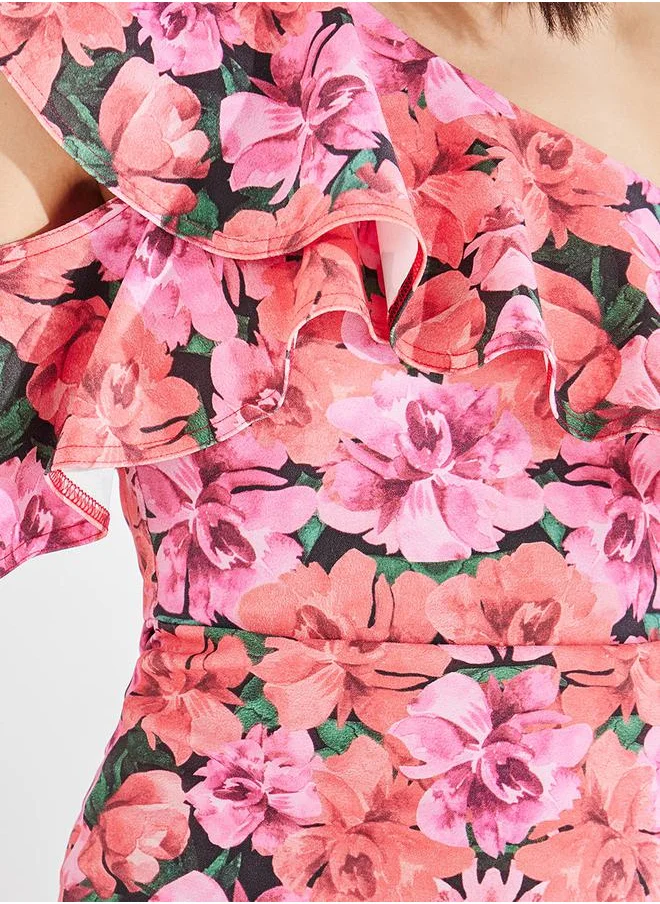 ستايلي Ruffled One Shoulder Floral Bodycon Dress